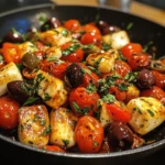 Skillet Halloumi with Cherry Tomatoes Olives and Herbs