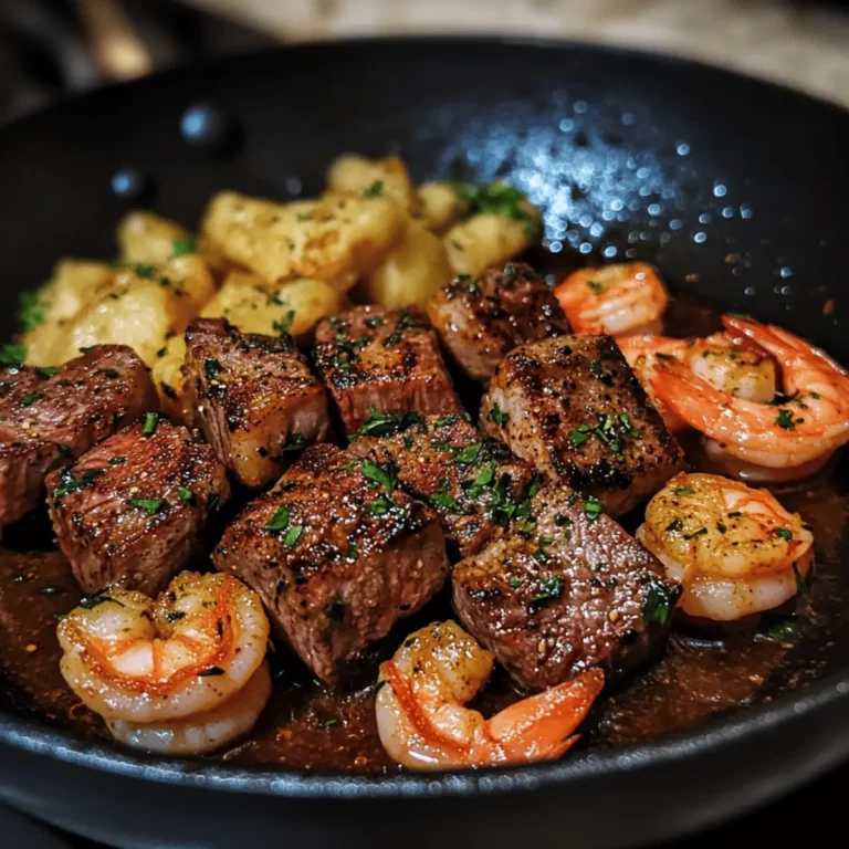 Garlic Butter Steak Bites and Shrimp Skillet