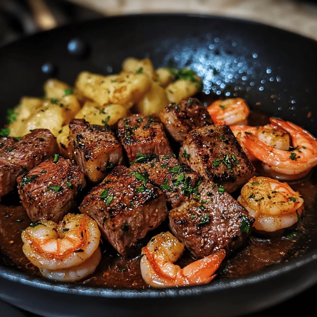 Garlic Butter Steak Bites and Shrimp Skillet