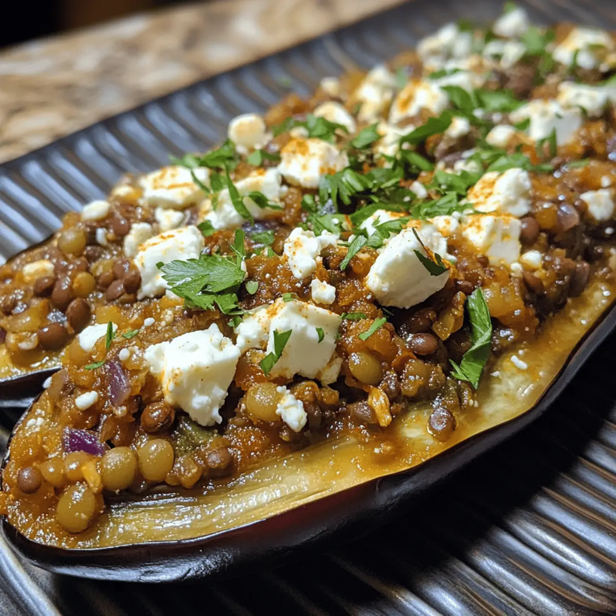 Lentil & Feta Stuffed Eggplant