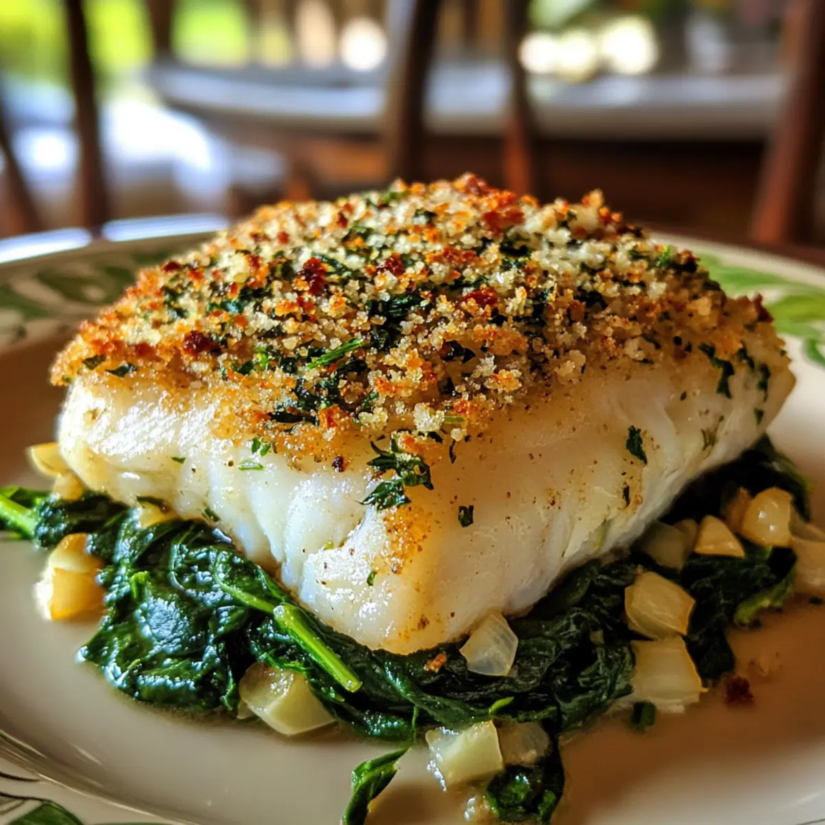Herb-Crusted Cod with Garlic Spinach