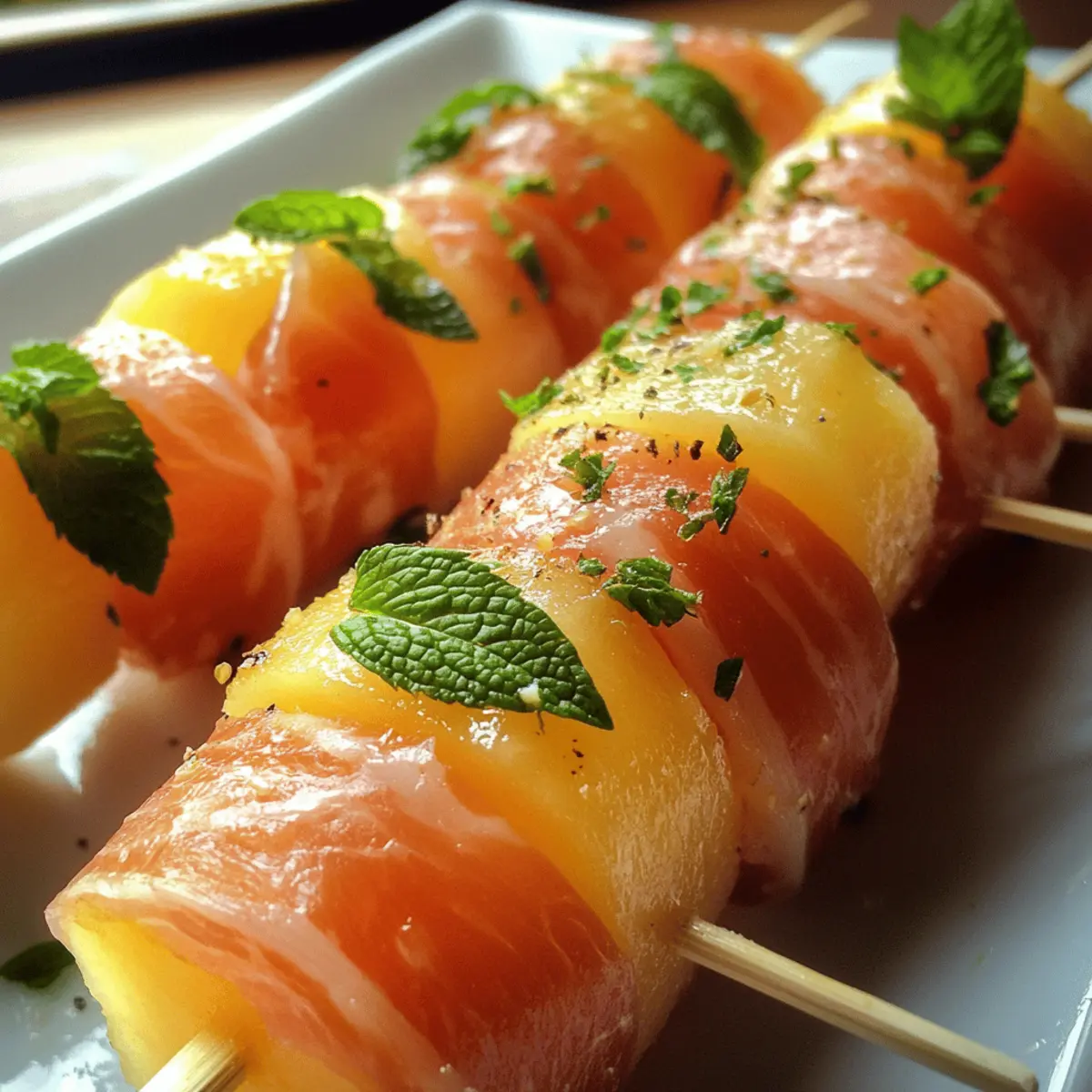 Prosciutto-Wrapped Melon Skewers with Mint