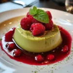 Matcha Green Tea Panna Cotta with Raspberry Coulis