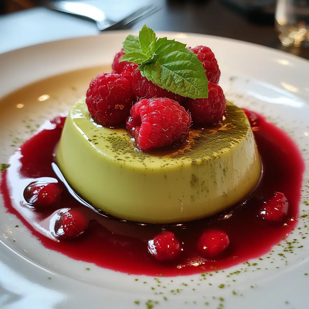 Matcha Green Tea Panna Cotta with Raspberry Coulis