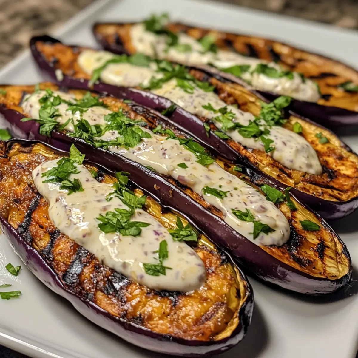 Smoky Grilled Eggplant with Garlic Yogurt Sauce