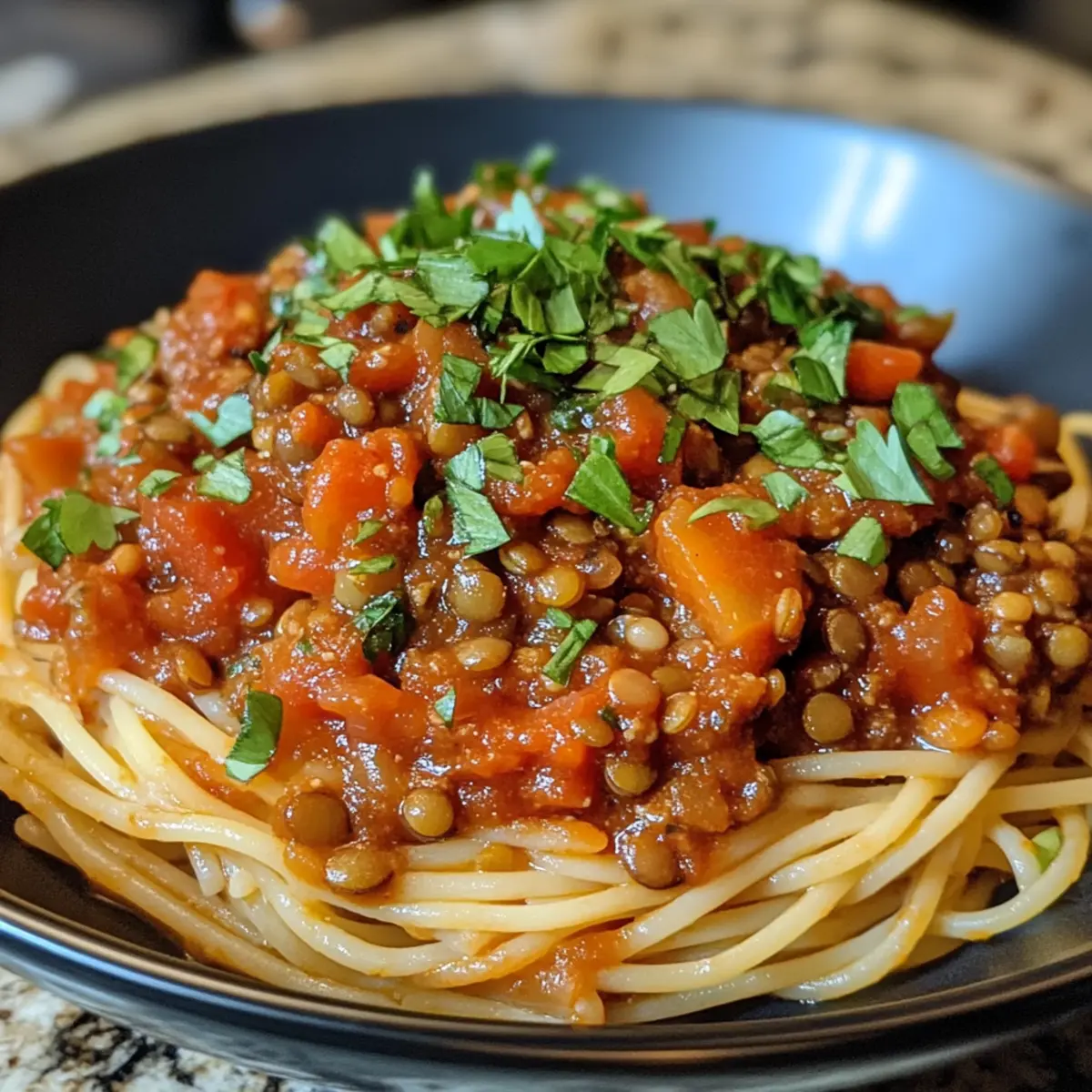 Hearty Vegetarian Lentil Bolognese over Spaghetti