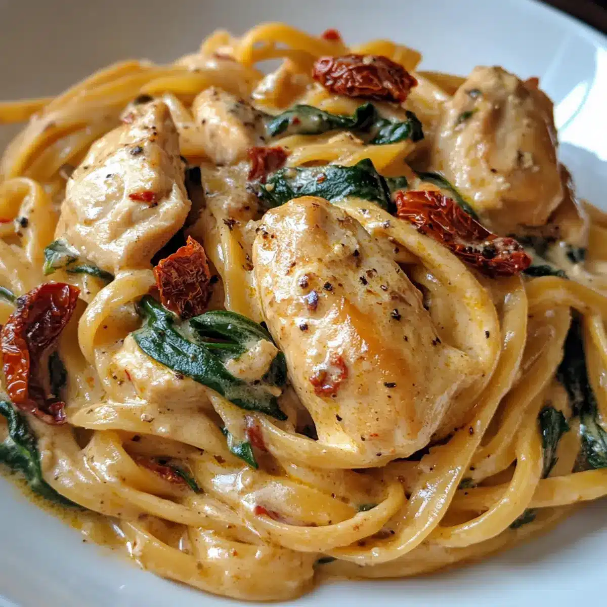 Creamy Tuscan Chicken Linguine with Sun-dried Tomatoes and Spinach
