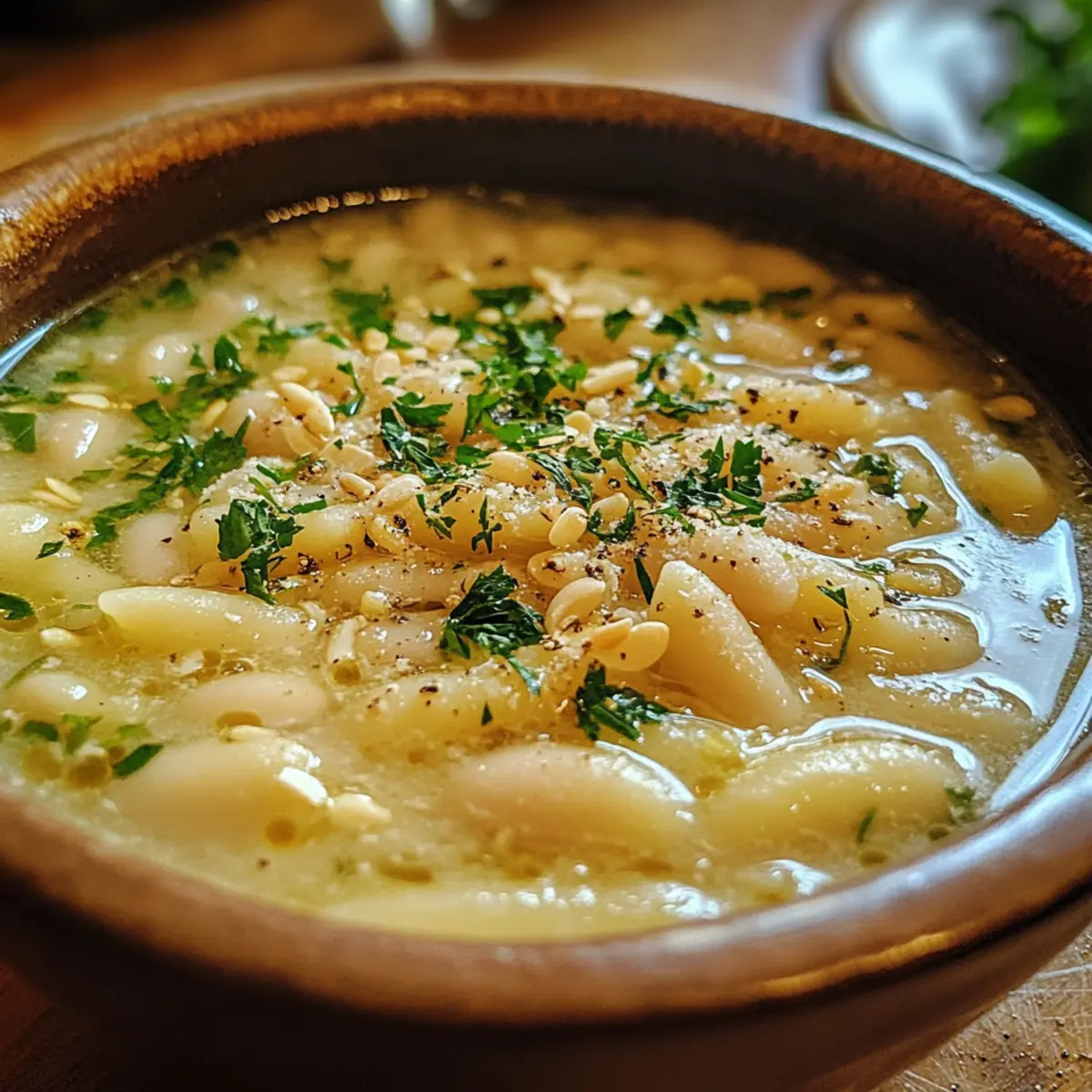 Seed Pasta and White Bean Garlic Soup
