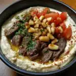 Creamy Hummus Bowl with Toasted Pine Nuts and Spiced Beef