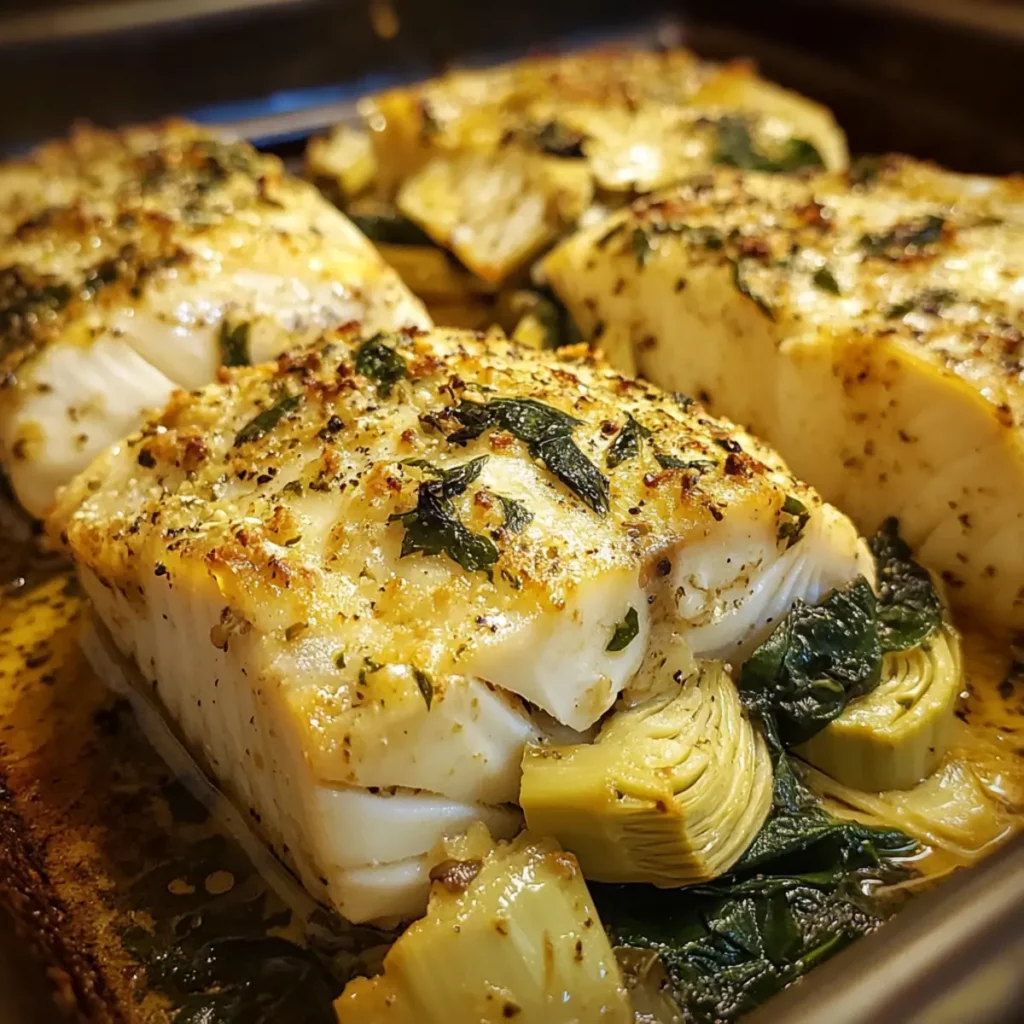 Artichoke and Spinach Baked White Fish