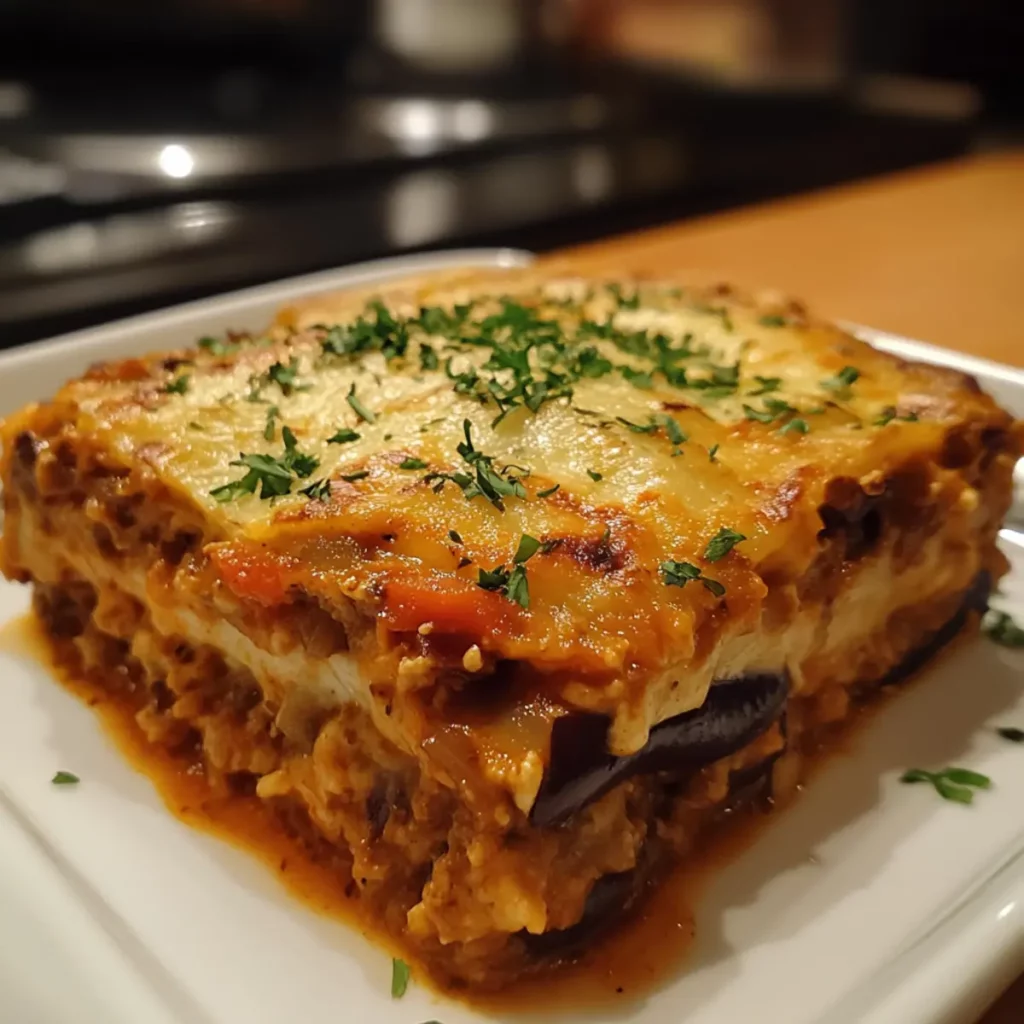 Roasted Red Pepper and Eggplant Moussaka (Pork-Free)